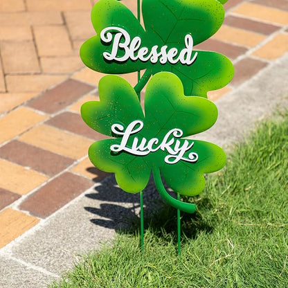 Glitzhome St Patricks Day Yard Signs Outdoor Decorations, 36.75"H Metal Shamrock Garden Stakes Set of 3, Green Shamrock Sign Decor for Irish Outside Lawn Porch