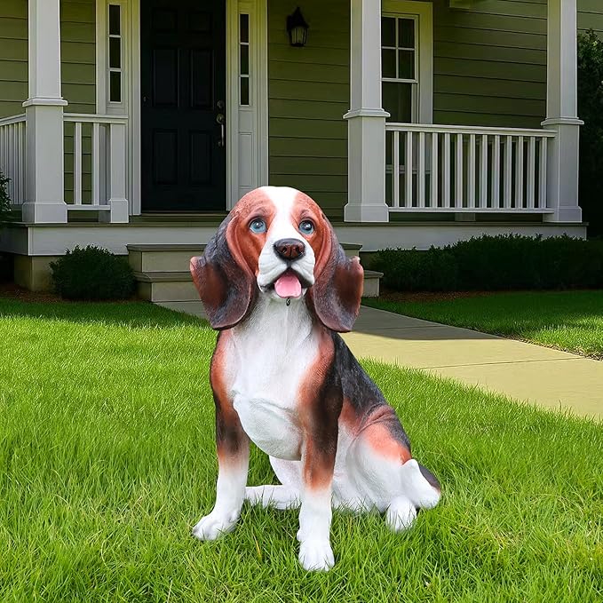Tricolor Beagle Country-Garden Accent with Solar Lantern and Reversible Sign, Sitting Beagle Statue for Gateways, Flower Borders & Courtyard