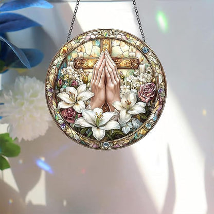 Bimkole Lily Stained Glass Suncatcher Window Hanging - Religion Indoor Window or Doorway Decoration - Handmade Sun Catcher Decor for Garden Home Christmas & Birthday Gifts 7.87x7.87 inch