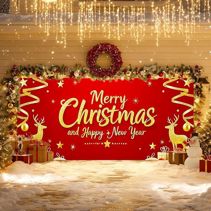 IVN Christmas Garage Door Cover Decoration 13x6ft Santa Glitter Gold Gift Reindeer on Red Holiday Christmas Garage Door Banner Home Garage Door Front Yard Decor for Xmas Eve Holiday Outdoor
