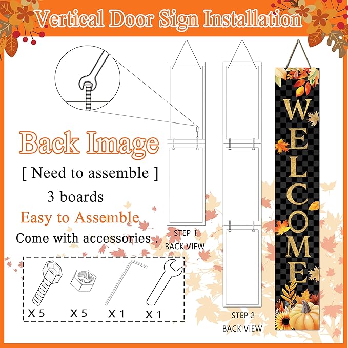 Fall Wooden Porch Sign 47" Autumn Pumpkin Maple Leaf Front Door Welcome Sign Vertical Standing Sign For Garden Home Yard Farmhouse Thanksgiving Decor