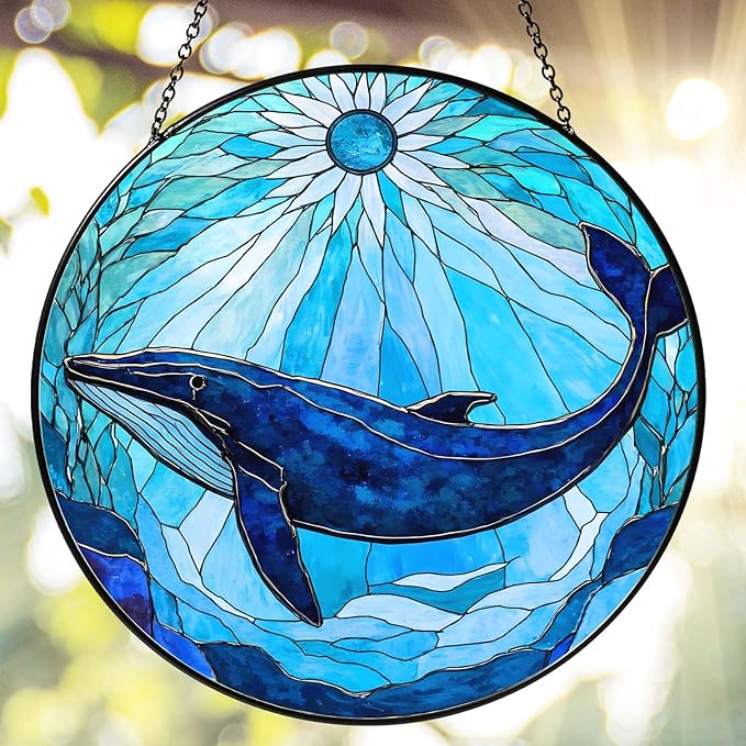 Whale Stained Glass Sun Catcher Window Hanging Whale Lovers Gifts for Women Handmade SunCatcher Decoration for Home Decor Gifts for Ocean Lover Sea Life Decor Beach 7.87inch