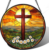 Christian Gifts for Women - Cross Stained Glass Window Hanging Easter Daisy Natural Landscape Sun Catcher Garden Religion Decor Mother's Day Catholic Gift for Men Grandma Mom Her Nana 7.8"
