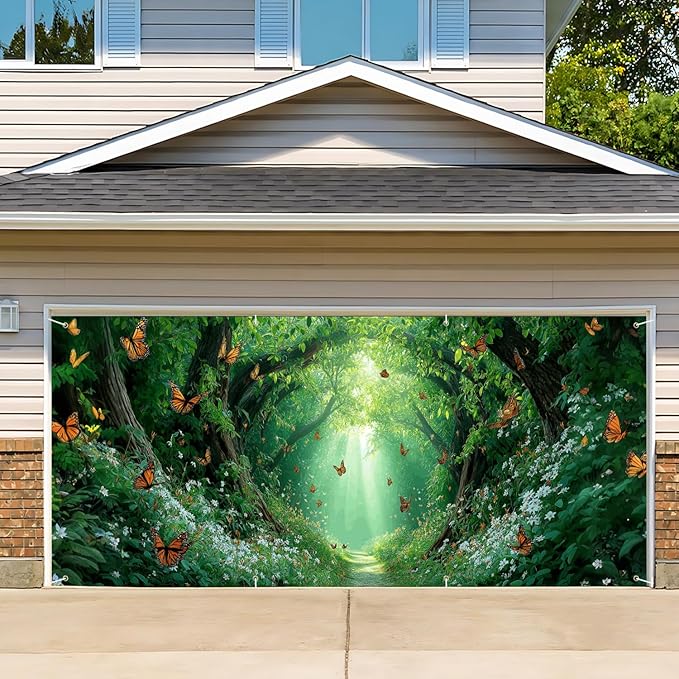13x6 ft Enchanted Forest Path Garage Door Banner - Sunlit Tree Tunnel with Butterflies & Light Rays Backdrop, Hanging Nature Decor for Garden or Patio, Serene Outdoor Wall Art