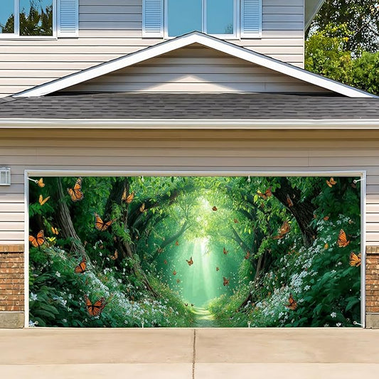 13x6 ft Enchanted Forest Path Garage Door Banner - Sunlit Tree Tunnel with Butterflies & Light Rays Backdrop, Hanging Nature Decor for Garden or Patio, Serene Outdoor Wall Art