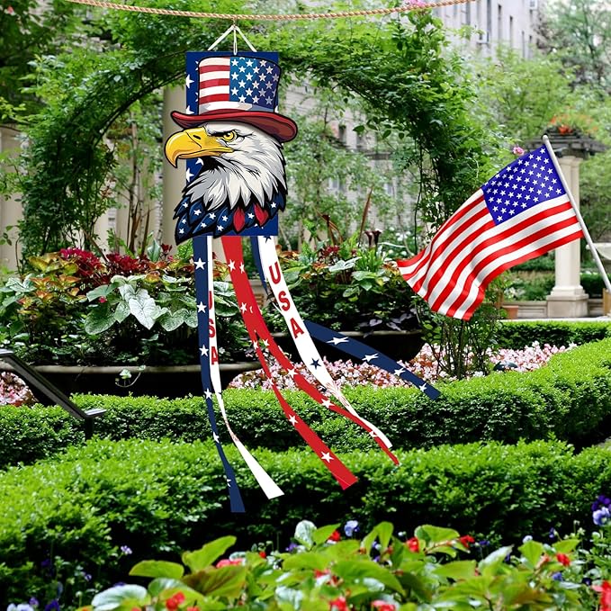40 Inches USA Eagle Windsock Decoration, Patriotic Eagle Head Themed Hanging Outdoor Wind Sock Ornament with Red, White, Blue Streamers, 'USA' Lettering, and Stars for 4th of July, Memorial Day Decor