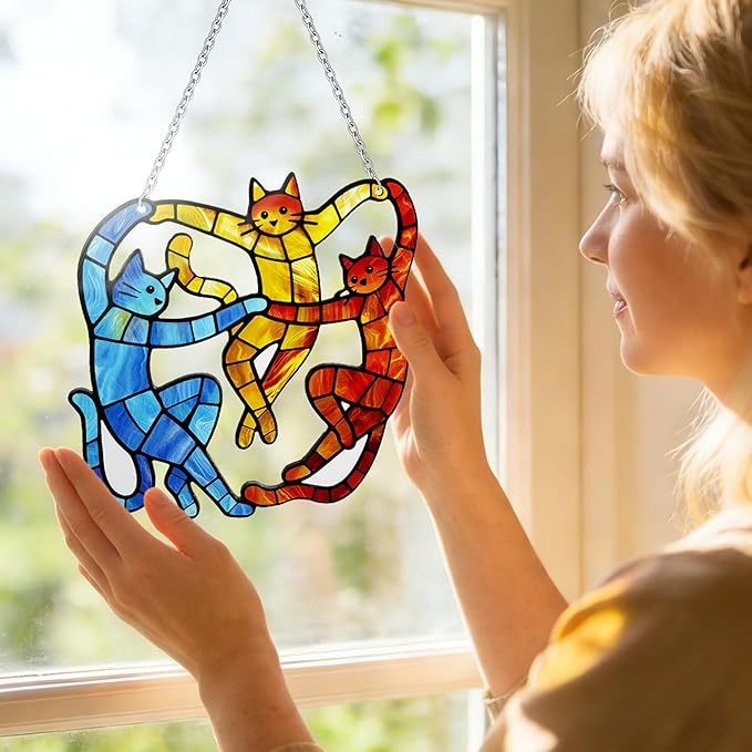 Cat Stained Glass Suncatcher Window, Hanging Sun Catchers Indoor Window, Suncatcher for Mom/Women (Dancing Cat)