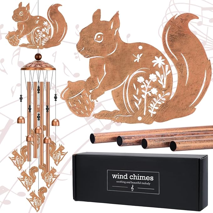 Squirrel Gifts Wind Chimes - Metal Hanging Windchime Outdoor Decoration for Garden Backyard Indoor Balcony Waterproof Christmas New Year Birthday Gift for Animal Lover Women Mom Grandma