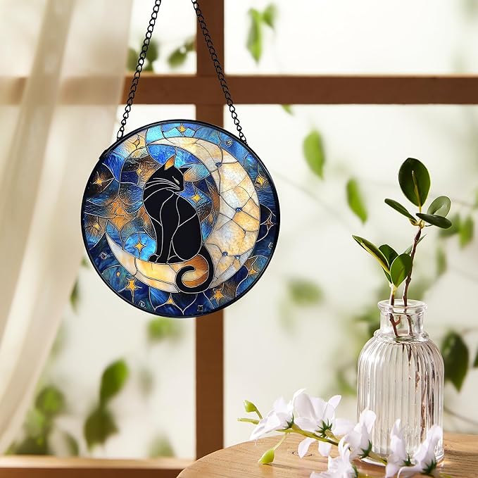 Cat Suncatcher, Black Cat on Moon Suncatchers Stained Glass Window Hanging, Celestial Moon and Star Sun Catchers Indoor Window Glass Round Wall Decor, 7.9x7.9in