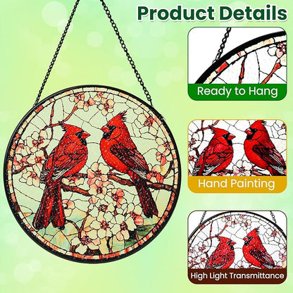 Cardinal Stained Glass Window Hanging Sun Catcher Glass Panel with Metal Chain and Hook Suncatcher Indoor Window Decor Home Garden Decoration Gift for Bird Lovers Women Mother's Day Christmas