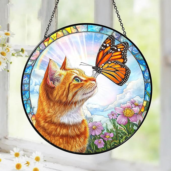 Orange Cat Gifts, Cat Memorial Suncatcher Gift for Loss of Cats, Butterfly Stained Glass Suncatcher Window Hanging Decor for Garden Pet Loss Gift Christmas Birthday Sympathy Gifts for Women Pet Lovers