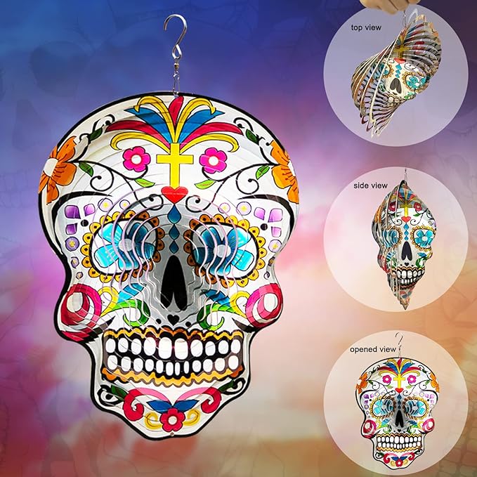 Fonmy Kinetic 3D Metal Garden Wind Spinner Unique Gifts Outdoor Decorations Quality Hanging Ornament for Home and Garden 12inch Mandala Silver Sugar Skull Wind Spinners
