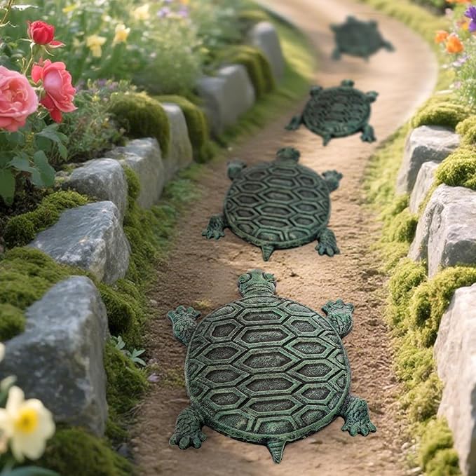 Lawei Cast Iron Turtle Stepping Stone, Sturdy Metal Stepping Mat for Front Door, Garden, Lawn and Yard, Verdigris Tortoise Decorative Stone Path Paver for Outdoor Walkway, 12.5 x9.4 Inch