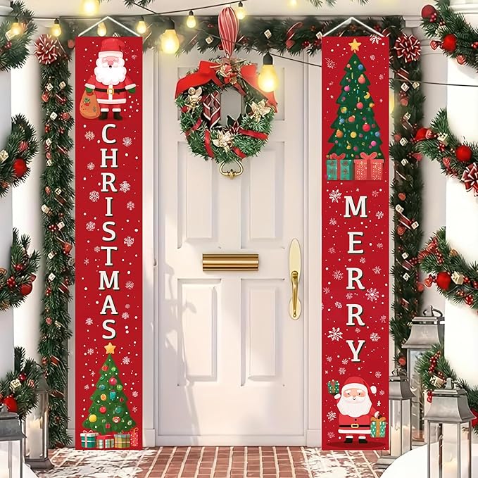 BlissYard Christmas Porch Banner 12x71 Cartoon Santa Tree Decorations Christma Door Banner Hanging Sign Merry Christmas Banner Front Xmas Door Cover Entryway Outdoor Decor Winter Welcome Home Yard Patio