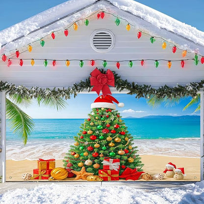 IVN Merry Christmas Garage Door Banner 13x6ft Festive Backdrop with Beach Christmas Tree Garage door cover Photo Prop Background for Joyful Holiday Yard Door Cover Background Outdoor Winter Scene