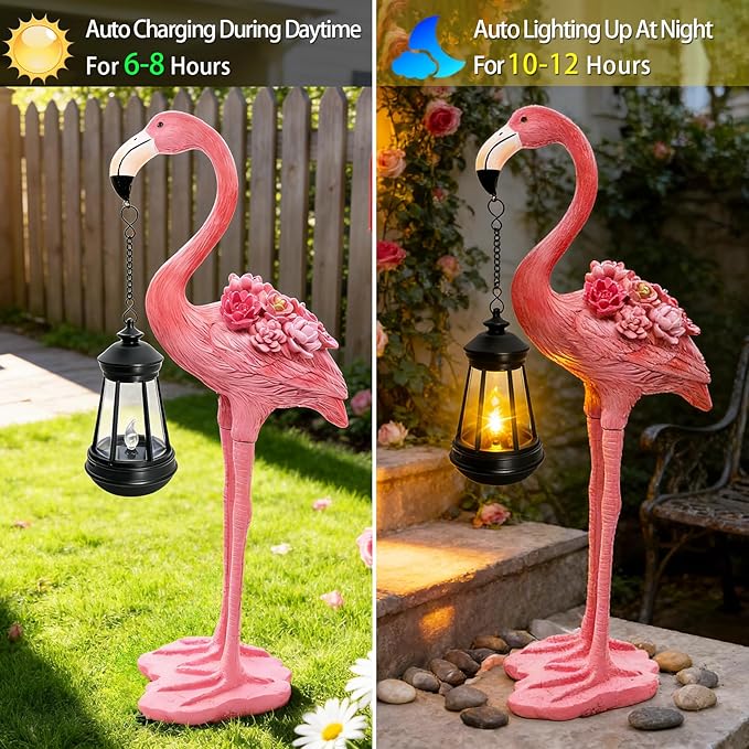 Flamingo Solar Garden Statue, 18.9 Inch Flamingo Figurine with Hanging Solar Lanterns, Outdoor Garden Decor Tropical Sculpture Statues for Patio Yard Porch, Birthday Gifts for Mom Women Mother's Day