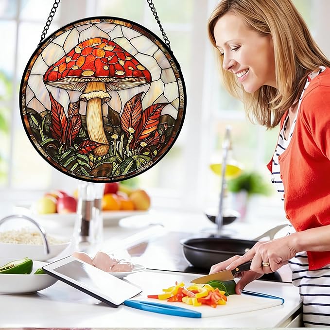 DASTOLL Stained Glass Window Hanging, Big Red Mushroom Suncatcher for Doors Home Sun Catchers Decoration and Christmas, Mother's Day Birthday Gifts for Women, Men, and Mom 14.9x14.9 in
