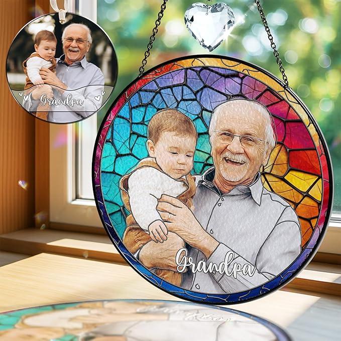 VINATIMES Personalized Grandma Stained Glass Suncatcher, Photo Family Faux Stained Glass Window Hanging Ornament, Custom Grandparent Day 2025 Gifts for Grandma, Birthday Gift for Dad, Grandpa