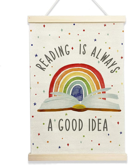 NQDWX Reading Is Always a Good Idea Hanging Flag - Book Lover's Wall Decor for Library Study Room Reading Nook, 12x17 Inches Canvas Banner with Wood Frame. (103)