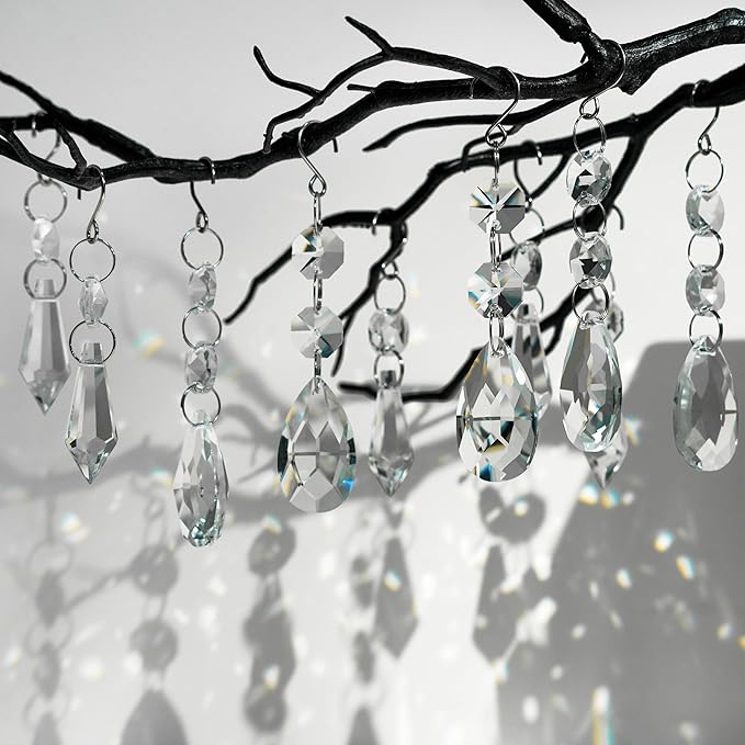 24pcs Crystal Sun Catcher, 38mm+15mm Hanging Clear Teardrops Crystals Chandelier Parts Prisms Pendants with Hook for Windows Lamps and Lanterns Party Decorations Home Decor (Clear Eardrop & Icicle)