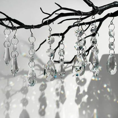 24pcs Crystal Sun Catcher, 38mm+15mm Hanging Clear Teardrops Crystals Chandelier Parts Prisms Pendants with Hook for Windows Lamps and Lanterns Party Decorations Home Decor (Clear Eardrop & Icicle)