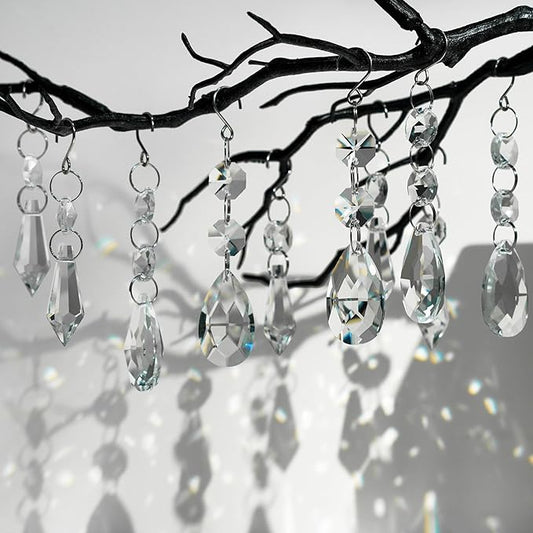 24pcs Crystal Sun Catcher, 38mm+15mm Hanging Clear Teardrops Crystals Chandelier Parts Prisms Pendants with Hook for Windows Lamps and Lanterns Party Decorations Home Decor (Clear Eardrop & Icicle)