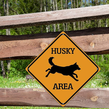 Warning Husky Area Aluminum Metal Sign Husky Dog Caution Crossing Xing Street Sign Yellow Diamond Shape Funny Metal Sign For Indoor Outdoor Highway10x10in
