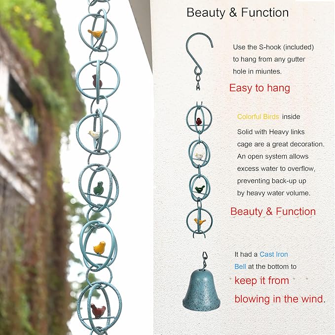 Phaxth Colorful Birds in a Cage Rain Chain for Heavy Rain, Functional and Decorative Replacement Downspout Chain for Outside, Metal Rain Catcher Chain for Gutters, 8.5FT, Antique Blue