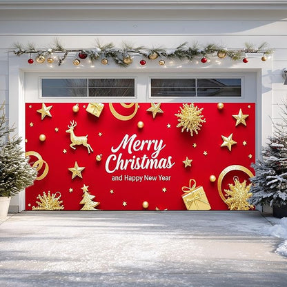 IVN Merry Christmas Happy New Year Garage Door Banner 13x6 ft Christmas Garage Door Wnter Scene Background Indoor Outdoor Red Gold Reindeer Tree Holiday Decorations for Home and Events Wall Backdrop Decor
