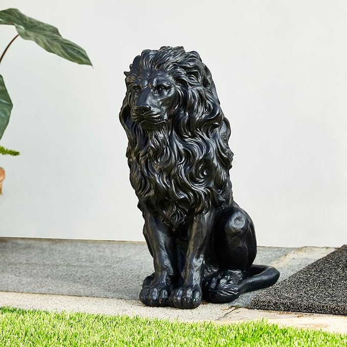 Glitzhome Guardian Sitting Lion Statue Regal Indoor and Outdoor Garden Sculpture for Home Entrance Porch and Yard, 20.75in Tall, Black