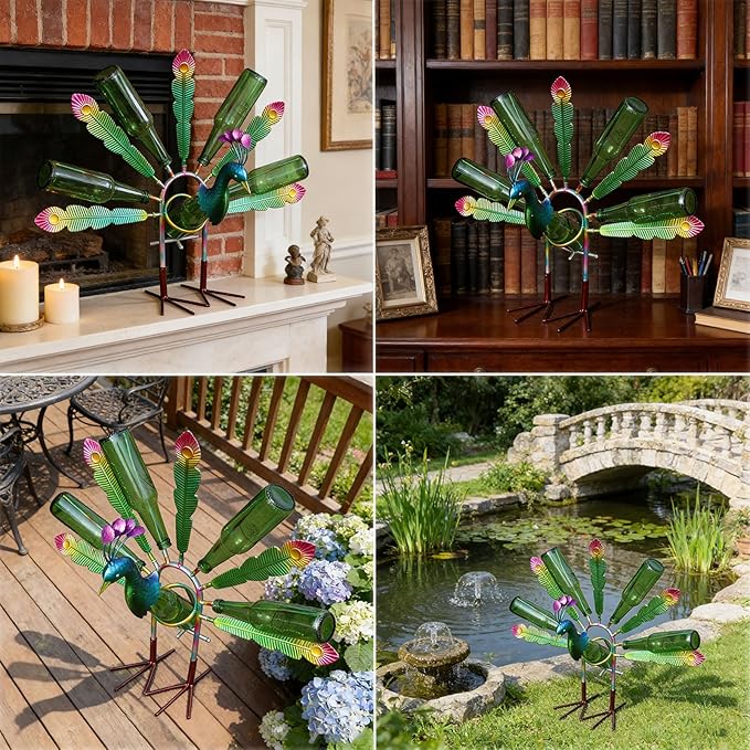 Outdoor Bottle Tree with Peacock Metal Stake for Outdoor Colorful Garden Decorative Bottle Holder & Outdoor
