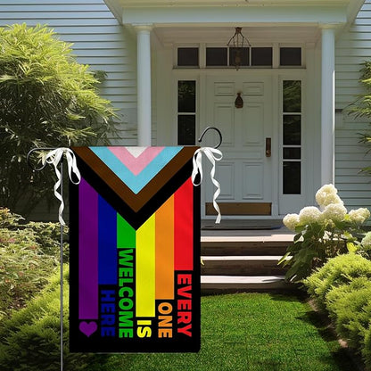 Progress Pride Rainbow Garden Flag Every One Is Welcome Here Yard Flag LGBTQ Gay Lesbian Bisexual Non Binary Transgender House Flag All Inlcusive Vivid Color Garden Flags 12x18 Inch