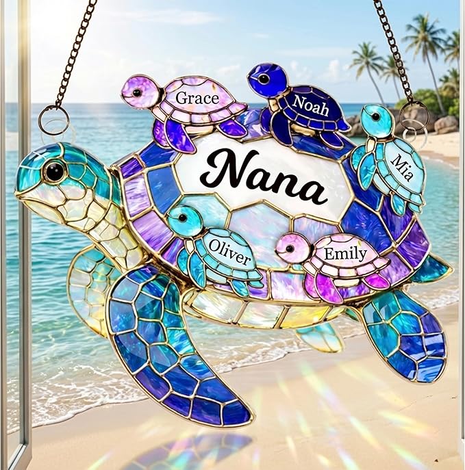 Personalized Turtle Suncatcher for Grandma, Custom Name Window Hanging Stained Glass Ornament, Colorful Window Decor for Grandparents, Gift for Mother's Day, Birthdays, Christmas