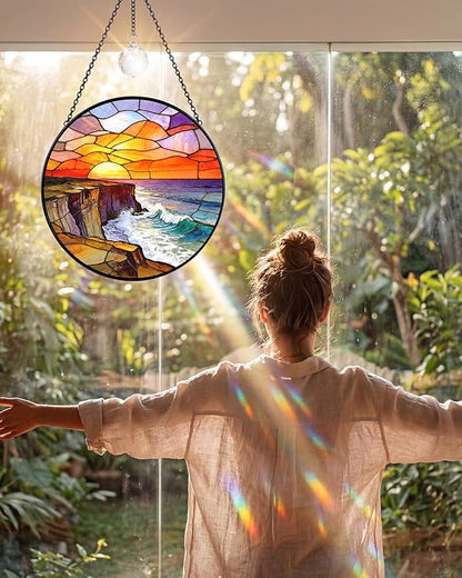 Stained Glass Window Hanging Sun Catcher, 7.8 Inch Ocean Wave Sunrise Suncatcher for Windows Home Decor, Sun Catchers Indoor Window Decoration, Birthday Gifts for Women and Mom