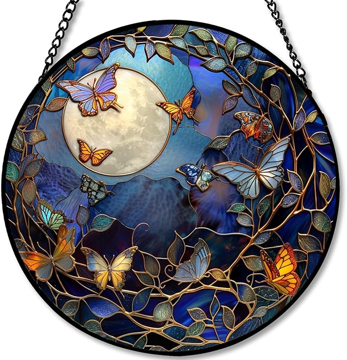 Stained Glass Window Hanging - Bluebird Perched on Branch Artwork 7.8in Sun Catchers Indoor Stained Glass Panels Wall Decor for Mom,Wife,Lovers,Festive