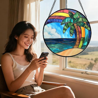CHATYOUNG Stained Glass Window Hanging Abstract Ocean Coconut Tree Large 15" - Color Suncatcher Door Garden Home Decor and Christmas Mother's Day Birthday Gift for Grandma Nana and Mom Women Friend