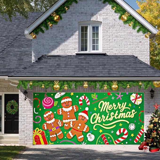 HOMETITUTE Merry Christmas Garage Door Banner 13x6ft Festive Gingerbread Man Candy Gift Boxes Holiday Door Cover Outdoor Yard Decoration Seasonal Display