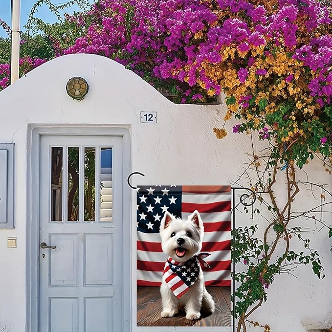 Patriotic 4th of July West Highland White Terrier Garden Flag Summer Decorative Lovely Pet Dog American US Flag Banner for Outside 12x18 Inch Printed Double Sided