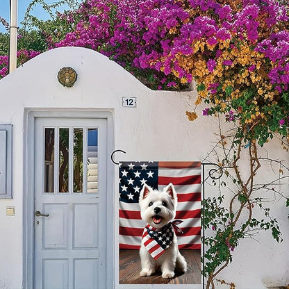 Patriotic 4th of July West Highland White Terrier Garden Flag Summer Decorative Lovely Pet Dog American US Flag Banner for Outside 12x18 Inch Printed Double Sided