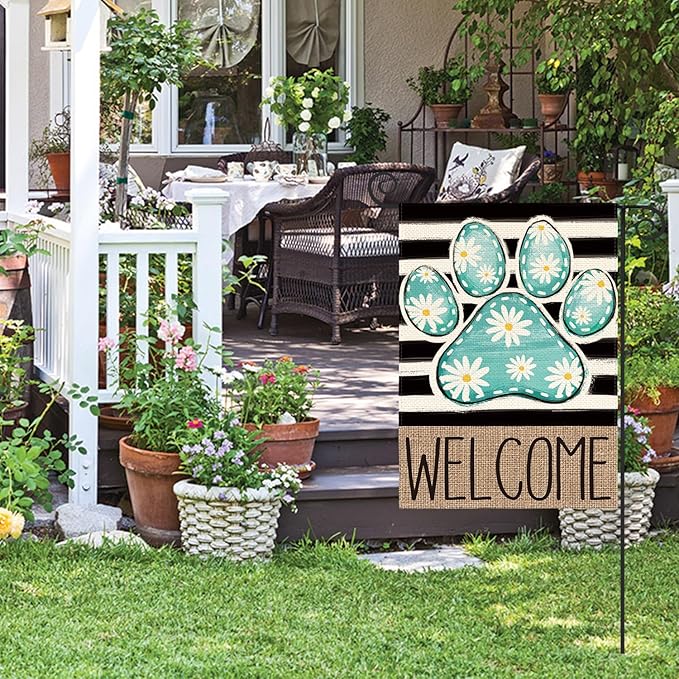 AVOIN colorlife Blue Paw Print Spring Garden Flag 12x18 Inch Double Sided Outside, Daisy Floral Welcome Stripes Yard Outdoor Flag