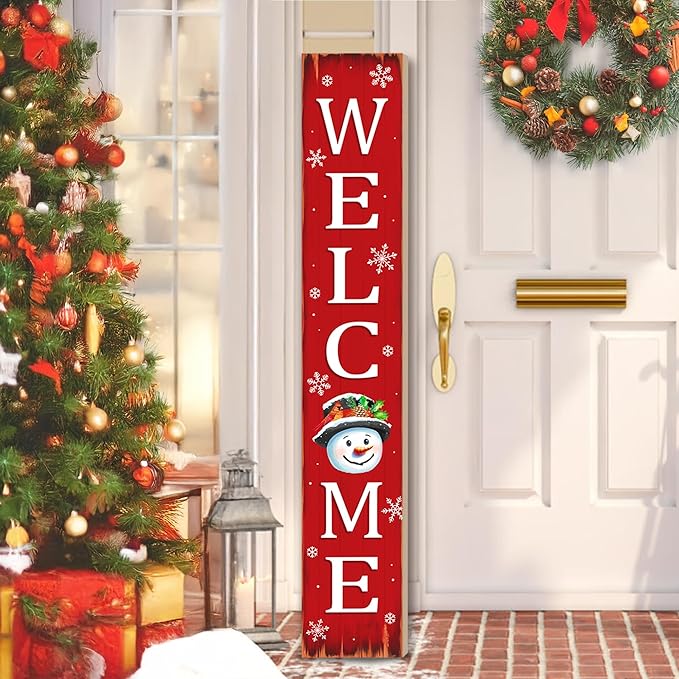Christmas Snowman Wooden Porch Sign 47" Winter Vintage Large Welcome Porch Sign for Home Front Door Yard Party Decor (Red)