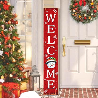 Christmas Snowman Wooden Porch Sign 47" Winter Vintage Large Welcome Porch Sign for Home Front Door Yard Party Decor (Red)