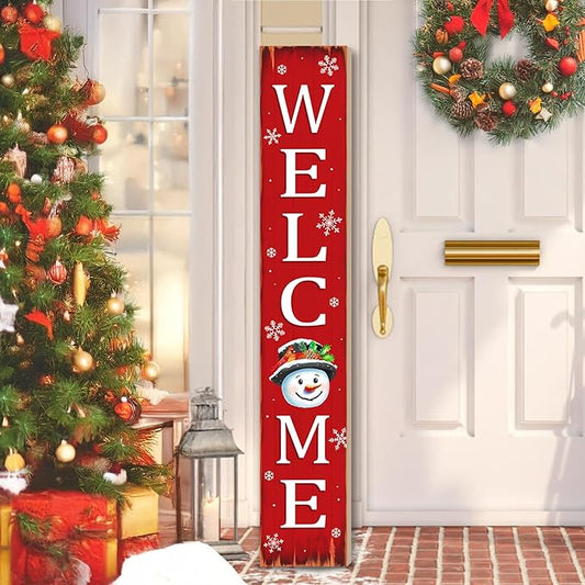 Christmas Snowman Wooden Porch Sign 47" Winter Vintage Large Welcome Porch Sign for Home Front Door Yard Party Decor (Red)