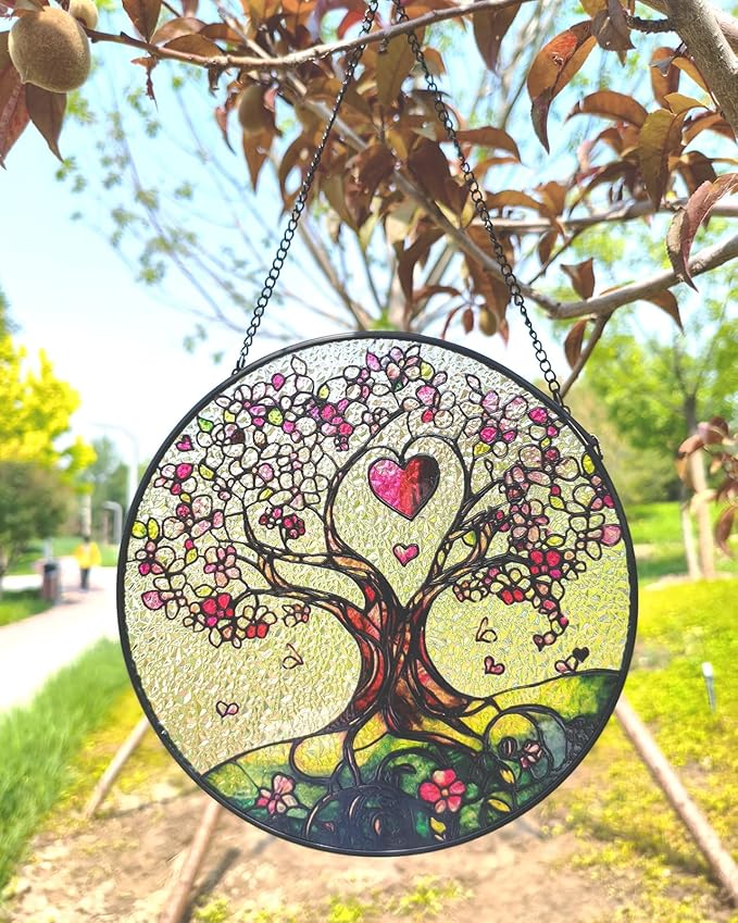 Stained Glass Suncatcher Window Hanging – Pink Tree of Life with Heart, Sun Catcher Window Decor, Meaningful Gift for Mom, Grandma, Nana, Birthday & Mother’s Day