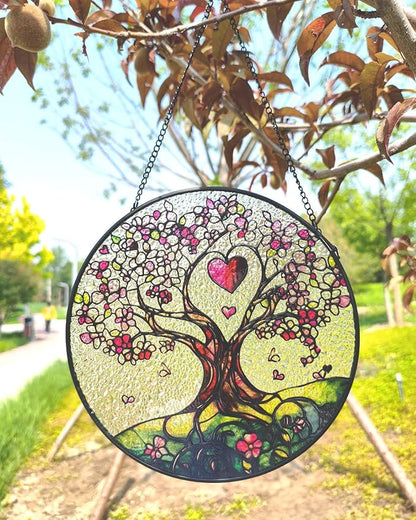 Stained Glass Suncatcher Window Hanging – Pink Tree of Life with Heart, Sun Catcher Window Decor, Meaningful Gift for Mom, Grandma, Nana, Birthday & Mother’s Day