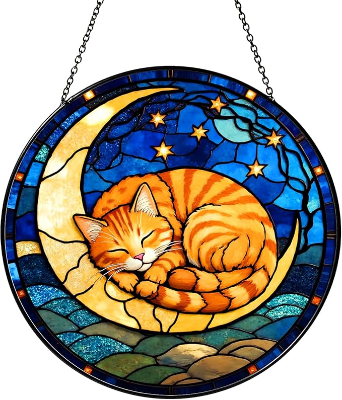 Cat Stained Glass Suncatcher, Sleeping Orange Cat on Yellow Moon with Stars Floral Round Window Hanging, Light Catcher Home Decor Gift for Cats Lovers Women Wife Mom Christmas Birthday 7.8 in