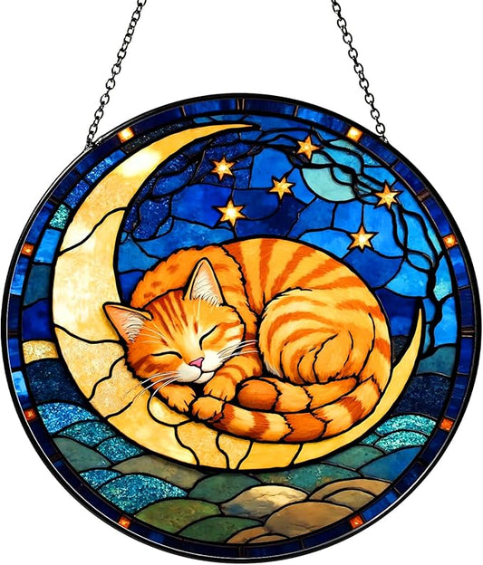 Cat Stained Glass Suncatcher, Sleeping Orange Cat on Yellow Moon with Stars Floral Round Window Hanging, Light Catcher Home Decor Gift for Cats Lovers Women Wife Mom Christmas Birthday 7.8 in