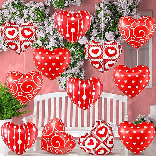 12 Pcs 12 Inch Valentine's Day Inflatable Heart Outdoor Decorations Large Valentine Heart Inflatable Hanging Ornaments PVC Love Outdoor Yard Decor for Wedding Anniversary