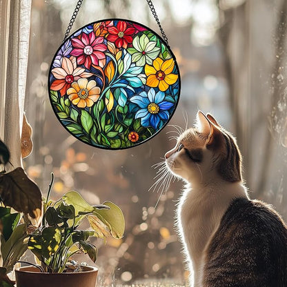 Stained Glass Window Hanging Colorful Flowers and Green Plants Large 15" - Suncatcher Door Garden Sun Catcher Home Decor Birthday Christmas for Mom Men Woman Nana Friend