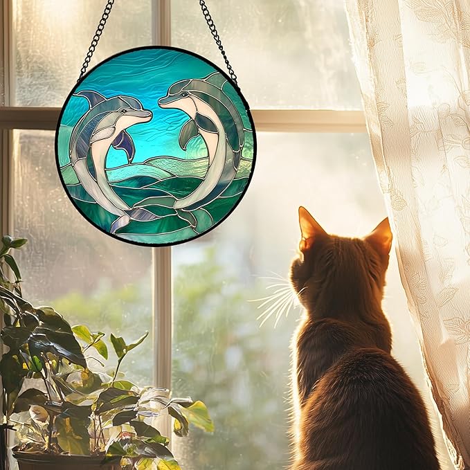 DASTOLL Stained Glass Window Hanging 4 Pcs Set Cyan Ocean Life Theme 7.8" - Sea Starfish Suncatcher Door Garden Sun Catcher Decor Birthday for Mom Woman Nana Men Friend